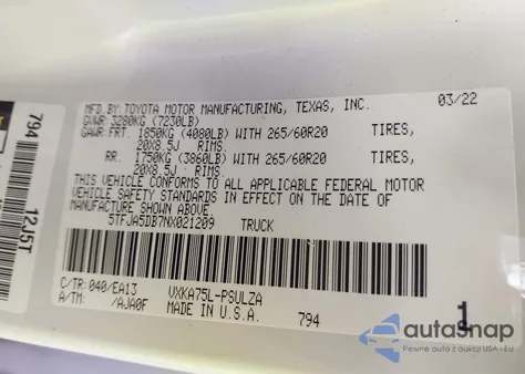 2022 Toyota Tundra Limited из США, поврежденный, VIN 5TFJA5DB7NX021209